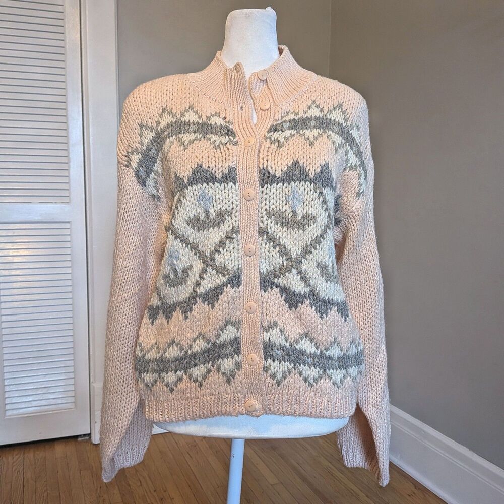 Vintage 90s Jamie Scott Cardigan Sweater Pink Hand Knit Cozy Winter Size M